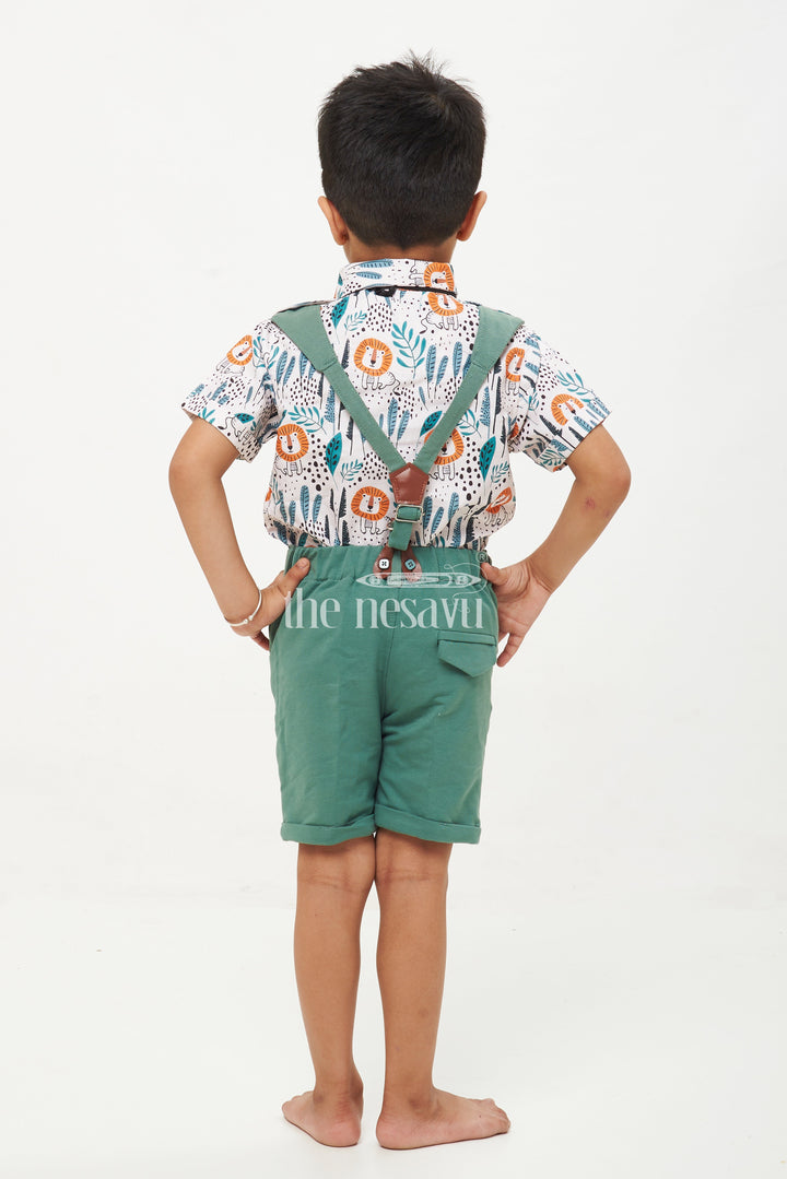 The Nesavu Boys Casual Set Boys' Animal Themed Shirt, Shorts, and Suspenders Set Nesavu Boys' Animal Themed Shirt, Shorts, and Suspenders Set - Lion Print