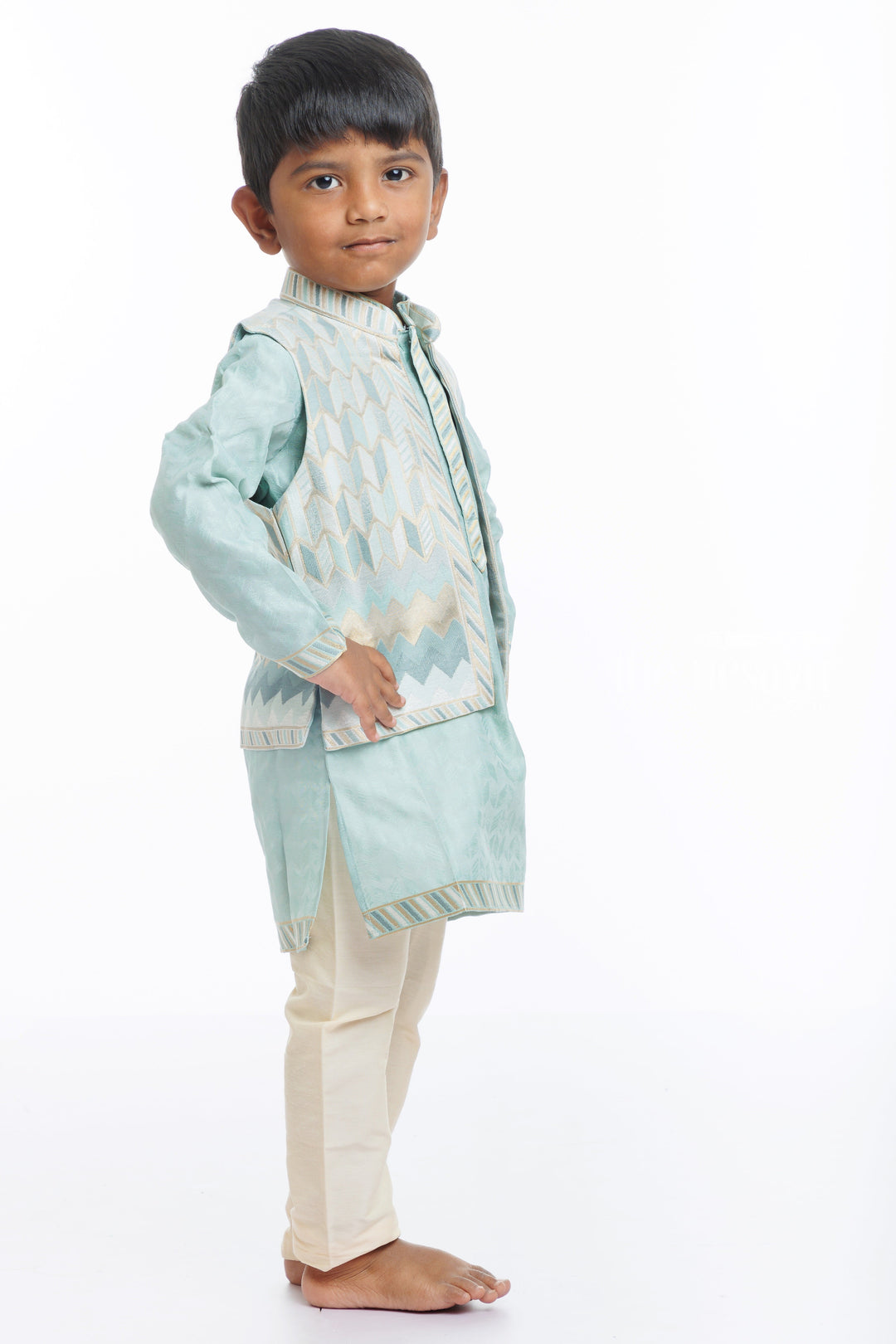 The Nesavu Boys Jacket Sets Boys Aqua Blue Jacket and Cream Kurta Pant Ensemble Nesavu Boys Aqua Blue Geometric Jacket Kurta Set | Elegant Ethnic Wear | The Nesavu