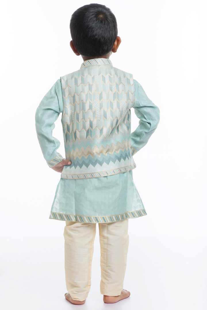 The Nesavu Boys Jacket Sets Boys Aqua Blue Jacket and Cream Kurta Pant Ensemble Nesavu Boys Aqua Blue Geometric Jacket Kurta Set | Elegant Ethnic Wear | The Nesavu