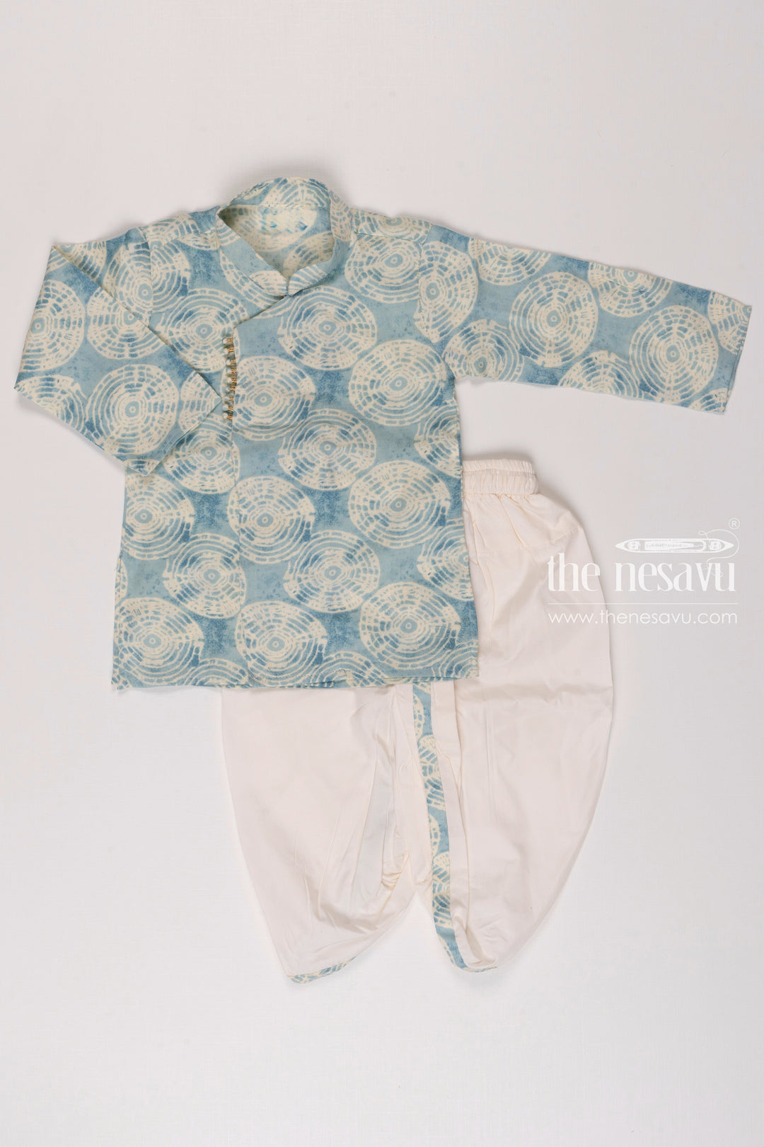 The Nesavu Boys Dothi Set Boys Aqua Circle Print Kurta with Cream Dhoti Set Nesavu 12 (3M) / Blue / Cotton BES484A-12 Boys Aqua Print Kurta Cream Dhoti Set | Casual Festive Wear for Kids | The Nesavu