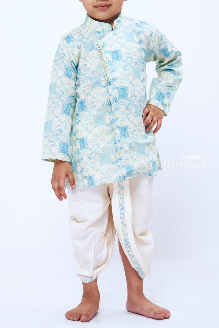 The Nesavu Boys Dothi Set Boys Aqua Circle Print Kurta with Cream Dhoti Set Nesavu Boys Aqua Print Kurta Cream Dhoti Set | Casual Festive Wear for Kids | The Nesavu