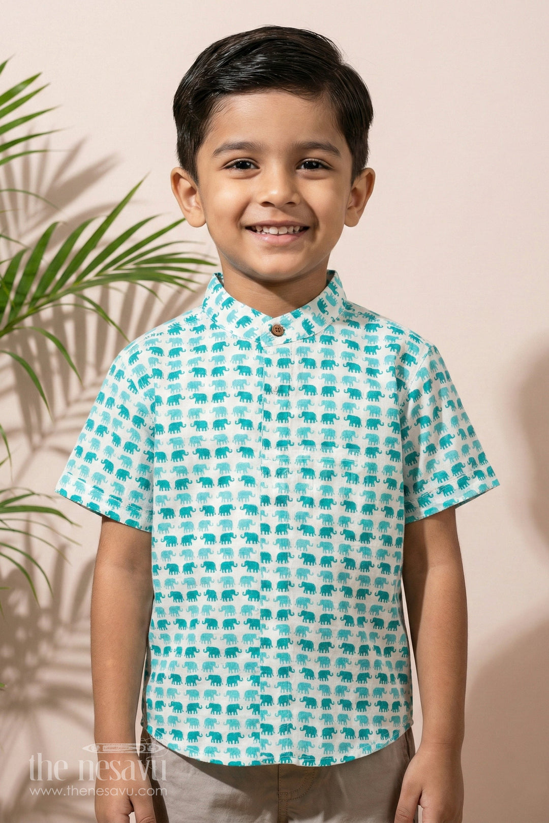 The Nesavu Boys Cotton Shirt Boys Aqua Green Cotton Shirt with Elephant Print and Mandarin Collar for Outdoor Adventures Nesavu 16 (1Y) / Blue BS169A-16 Nesavu Boys Aqua Green Cotton Shirt Fun Elephant Print Playful Summer Outings