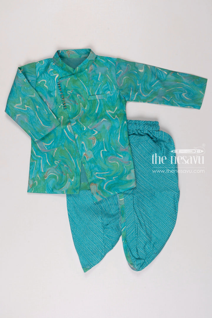 The Nesavu Boys Dothi Set Boys Aquatic Blue Swirl Pattern Kurta with Matching Dhoti Set Nesavu 12 (3M) / Blue / Cotton BES488A-12 Boys Vibrant Blue and Green Kurta Dhoti Set | Festive and Fun Children s Attire | The Nesavu