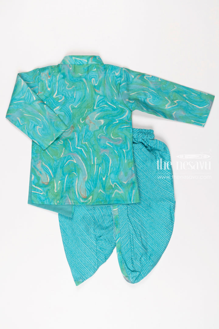 The Nesavu Boys Dothi Set Boys Aquatic Blue Swirl Pattern Kurta with Matching Dhoti Set Nesavu Boys Vibrant Blue and Green Kurta Dhoti Set | Festive and Fun Children s Attire | The Nesavu