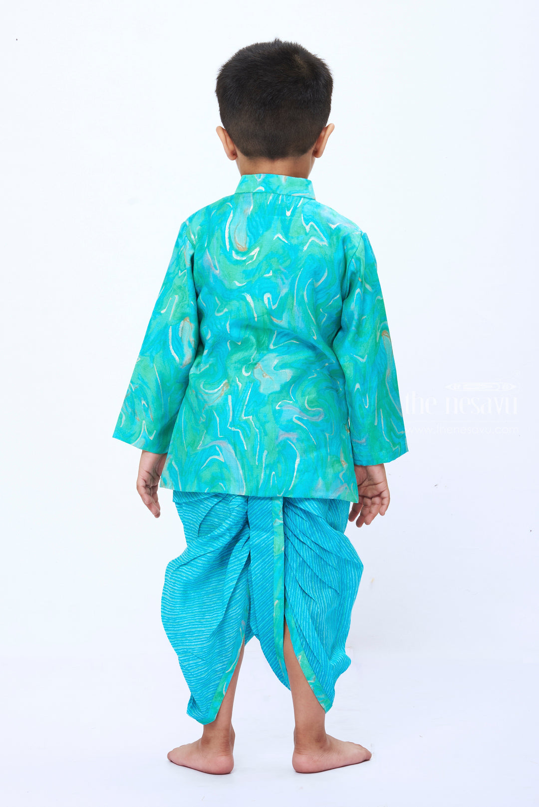 The Nesavu Boys Dothi Set Boys Aquatic Blue Swirl Pattern Kurta with Matching Dhoti Set Nesavu Boys Vibrant Blue and Green Kurta Dhoti Set | Festive and Fun Children s Attire | The Nesavu