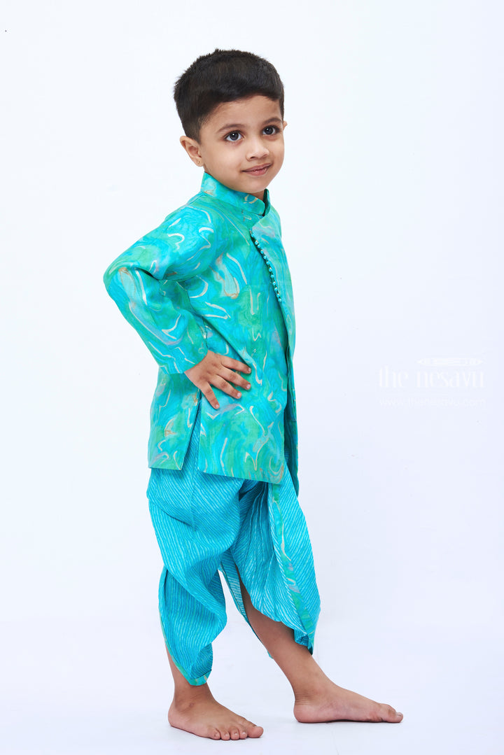 The Nesavu Boys Dothi Set Boys Aquatic Blue Swirl Pattern Kurta with Matching Dhoti Set Nesavu Boys Vibrant Blue and Green Kurta Dhoti Set | Festive and Fun Children s Attire | The Nesavu