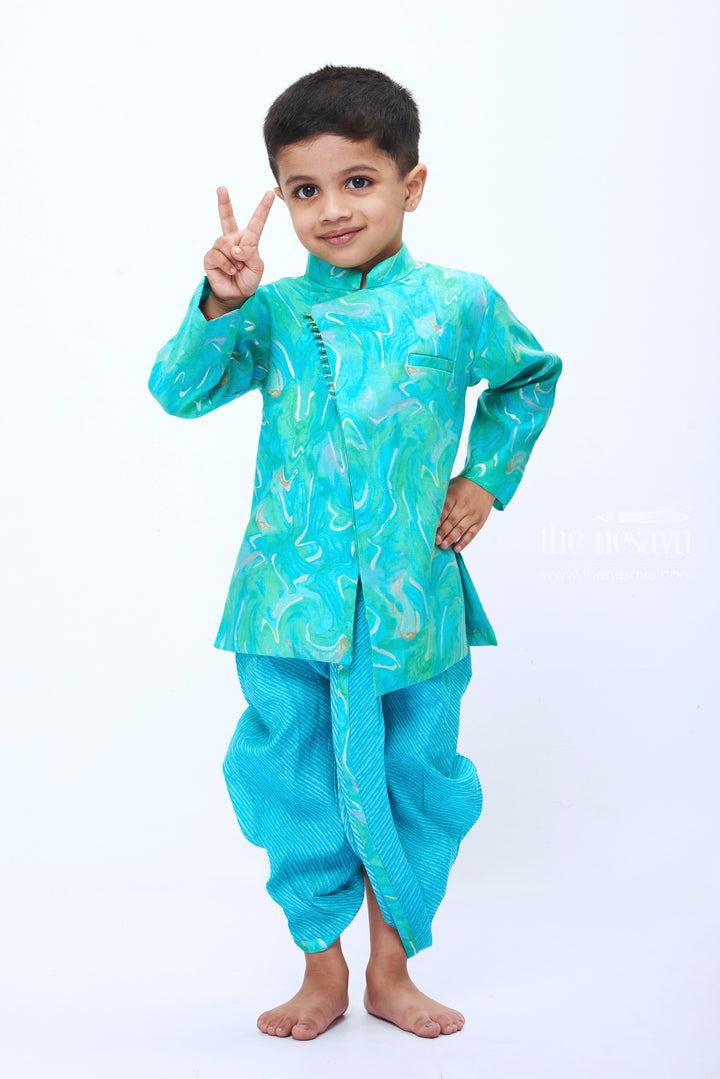 The Nesavu Boys Dothi Set Boys Aquatic Blue Swirl Pattern Kurta with Matching Dhoti Set Nesavu Boys Vibrant Blue and Green Kurta Dhoti Set | Festive and Fun Children s Attire | The Nesavu