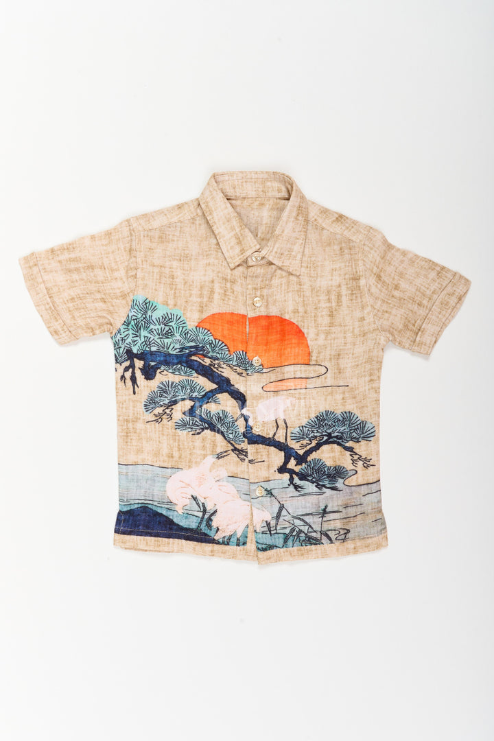 The Nesavu Boys Cotton Shirt Boys Artistic Print Muslin Shirt for Vacations Parties and Family Outings Nesavu 20 (3Y) / Brown / Muslin BS542A-20 Nesavu Boys Artistic Print Muslin Shirt For Vacations Parties Family Outings And Smart Casual Occasions