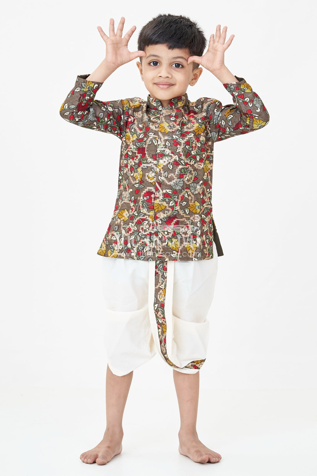 The Nesavu Boys Dothi Set Boys Bacchon Ka Dhoti Set in Silk Jacquard with Multicolor Floral Print Kurta and Ivory Contrast Bottom Nesavu Boys Bacchon Ka Dhoti Set Floral Silk Kurta Ivory Dhoti Ethnic Celebrations | The Nesavu