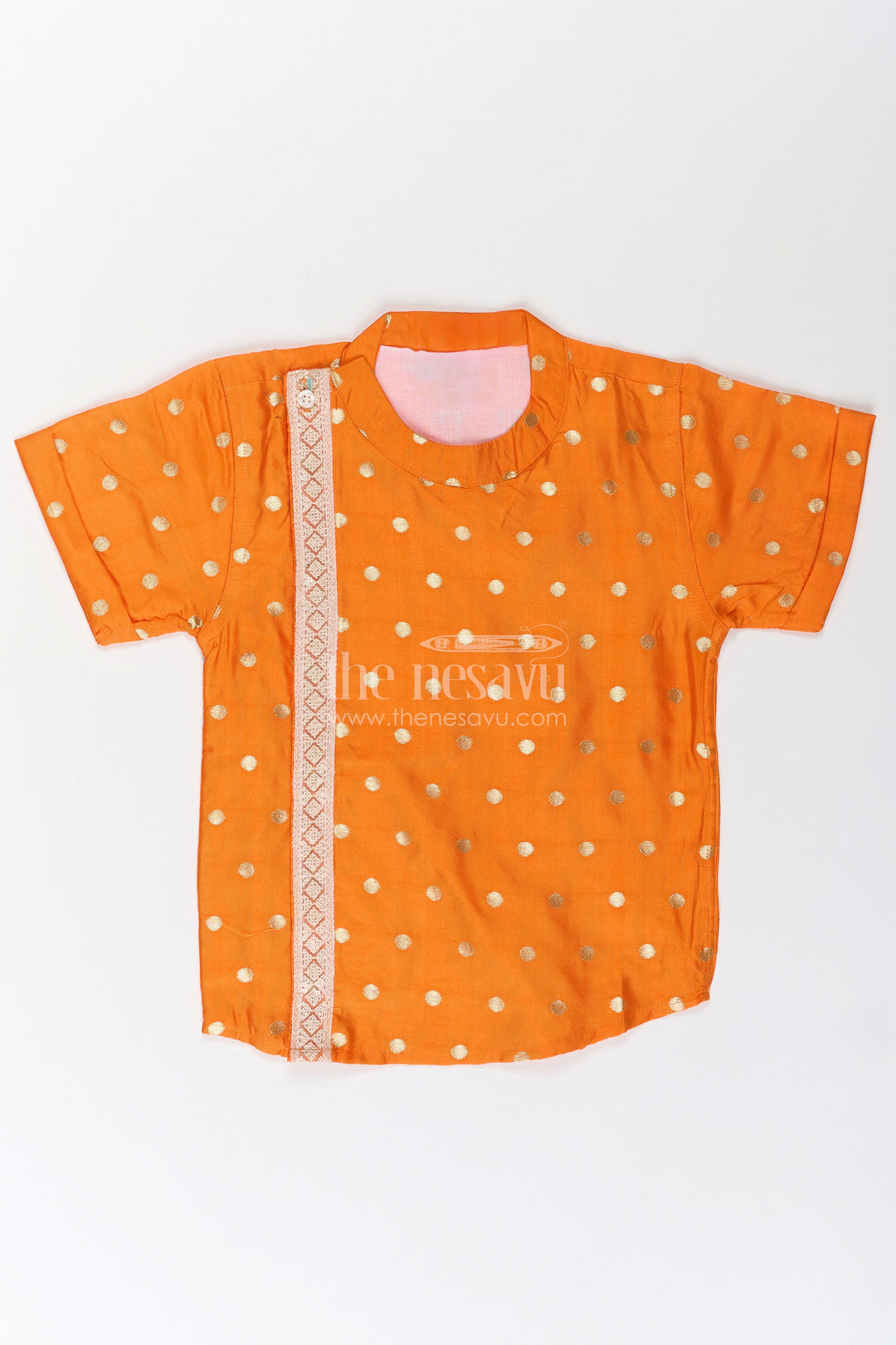The Nesavu Boys Silk Shirt Boys Banaras Silk Dress with Shirt in Vibrant Orange Featuring Gold Polka Design and Zari Border Nesavu 16 (1Y) / Orange BS252E-16 Orange Banaras Silk Dress Shirt Boys Featuring Golden Dots Zari Panel Accent | The Nesavu