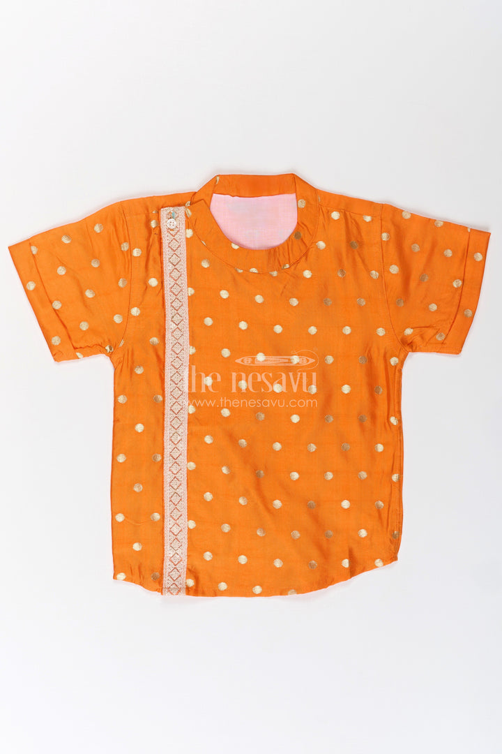 The Nesavu Boys Silk Shirt Boys Banaras Silk Dress with Shirt in Vibrant Orange Featuring Gold Polka Design and Zari Border Nesavu 16 (1Y) / Orange BS252E-16 Orange Banaras Silk Dress Shirt Boys Featuring Golden Dots Zari Panel Accent | The Nesavu