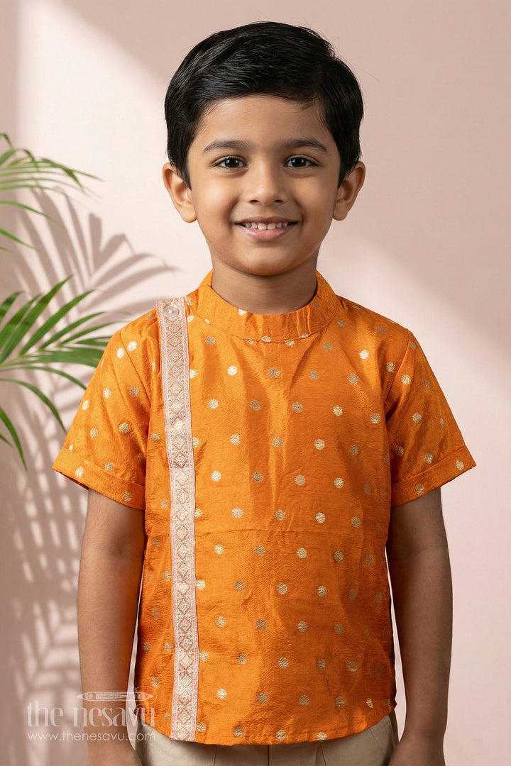 The Nesavu Boys Silk Shirt Boys Banaras Silk Dress with Shirt in Vibrant Orange Featuring Gold Polka Design and Zari Border Nesavu 16 (1Y) / Orange BS252E-16 Orange Banaras Silk Dress Shirt Boys Featuring Golden Dots Zari Panel Accent | The Nesavu