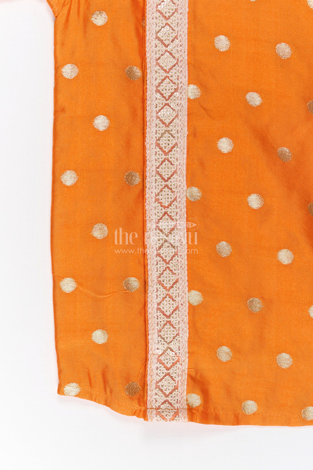 The Nesavu Boys Silk Shirt Boys Banaras Silk Dress with Shirt in Vibrant Orange Featuring Gold Polka Design and Zari Border Nesavu Orange Banaras Silk Dress Shirt Boys Featuring Golden Dots Zari Panel Accent | The Nesavu
