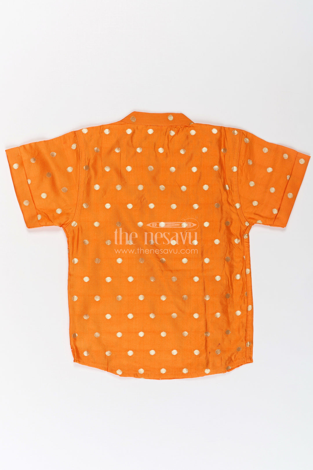 The Nesavu Boys Silk Shirt Boys Banaras Silk Dress with Shirt in Vibrant Orange Featuring Gold Polka Design and Zari Border Nesavu Orange Banaras Silk Dress Shirt Boys Featuring Golden Dots Zari Panel Accent | The Nesavu