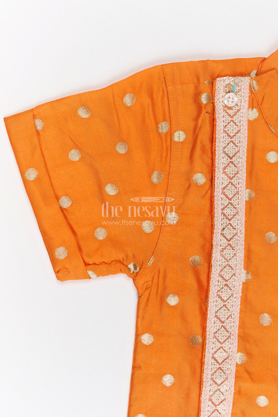 The Nesavu Boys Silk Shirt Boys Banaras Silk Dress with Shirt in Vibrant Orange Featuring Gold Polka Design and Zari Border Nesavu Orange Banaras Silk Dress Shirt Boys Featuring Golden Dots Zari Panel Accent | The Nesavu