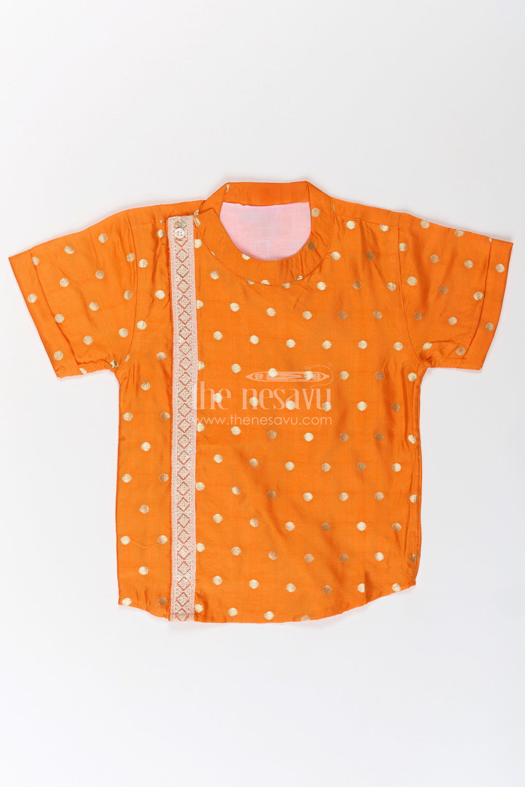 The Nesavu Boys Silk Shirt Boys Banaras Silk Dress with Shirt in Vibrant Orange Featuring Gold Polka Design and Zari Border Nesavu Orange Banaras Silk Dress Shirt Boys Featuring Golden Dots Zari Panel Accent | The Nesavu