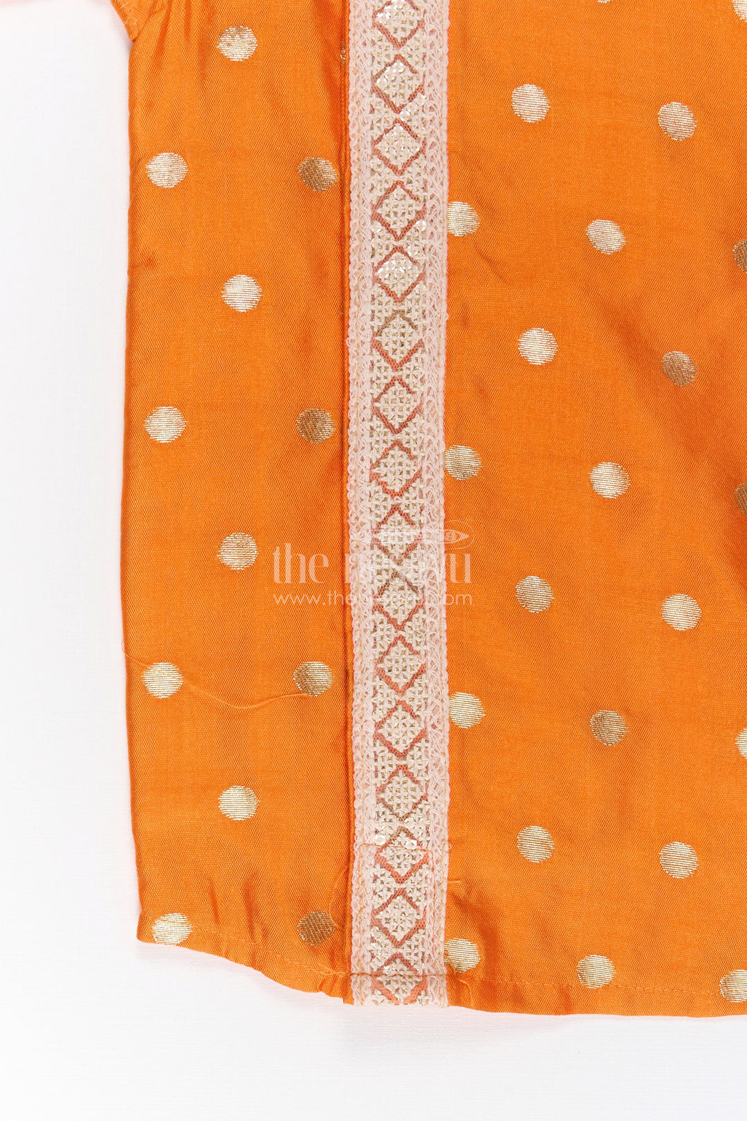 The Nesavu Boys Silk Shirt Boys Banaras Silk Dress with Shirt in Vibrant Orange Featuring Gold Polka Design and Zari Border Nesavu Orange Banaras Silk Dress Shirt Boys Featuring Golden Dots Zari Panel Accent | The Nesavu