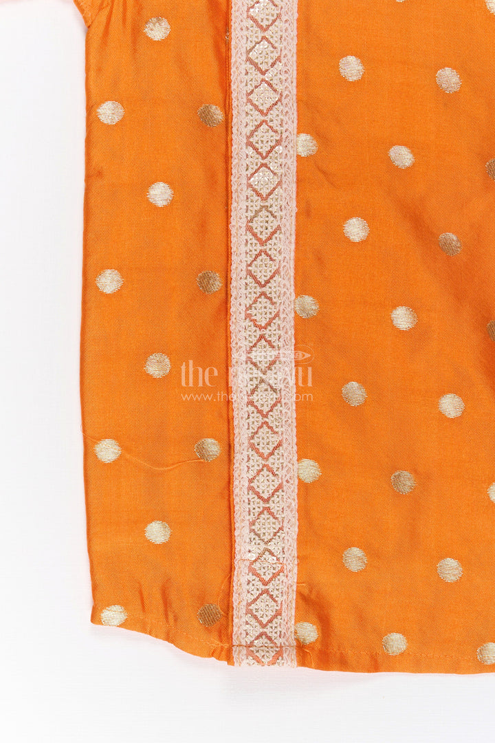 The Nesavu Boys Silk Shirt Boys Banaras Silk Dress with Shirt in Vibrant Orange Featuring Gold Polka Design and Zari Border Nesavu Orange Banaras Silk Dress Shirt Boys Featuring Golden Dots Zari Panel Accent | The Nesavu
