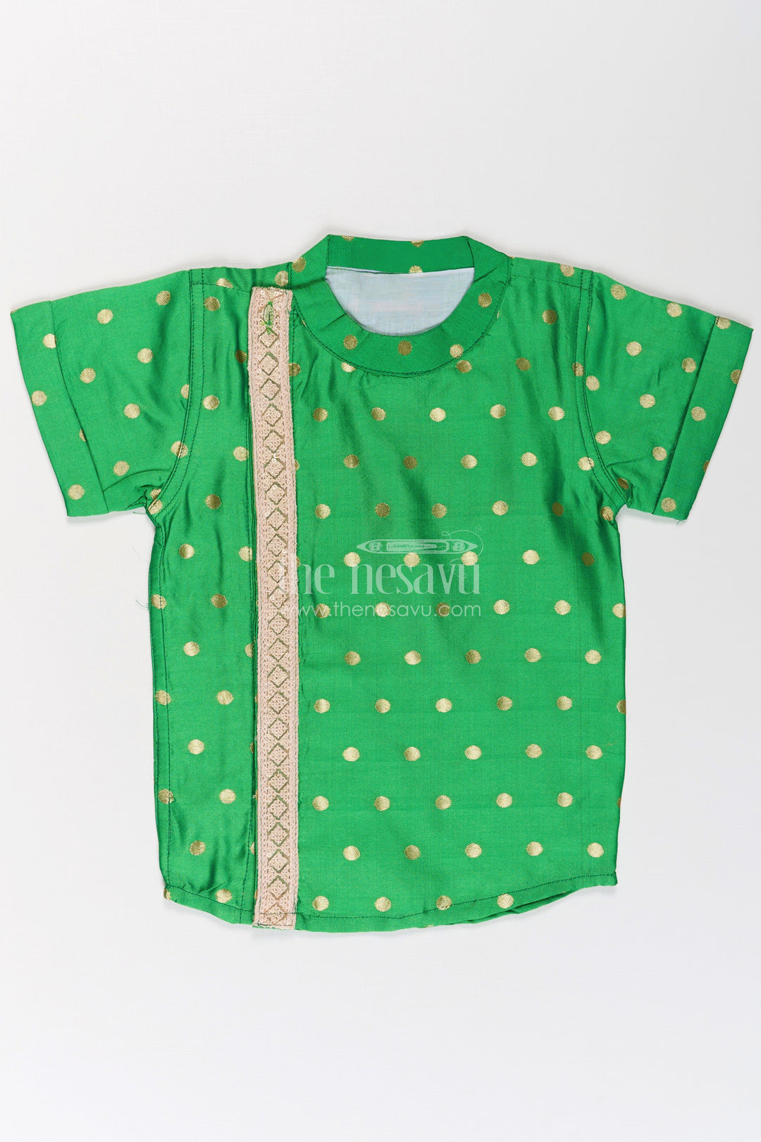 The Nesavu Boys Silk Shirt Boys Banaras Silk Shirt Dress with Gold Buttas and Side Embellishment in Festive Green Tone Nesavu 16 (1Y) / Green BS252B-16 Boys Banaras Silk Shirt Dress Golden Dot Pattern Decorative Trim Green | The Nesavu