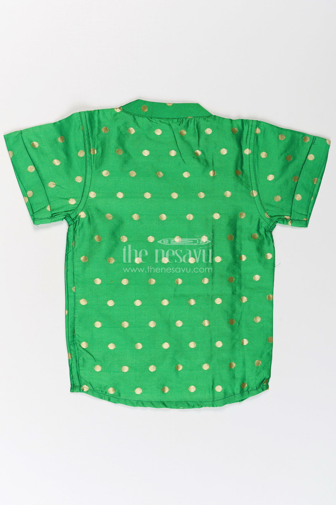 The Nesavu Boys Silk Shirt Boys Banaras Silk Shirt Dress with Gold Buttas and Side Embellishment in Festive Green Tone Nesavu Boys Banaras Silk Shirt Dress Golden Dot Pattern Decorative Trim Green | The Nesavu