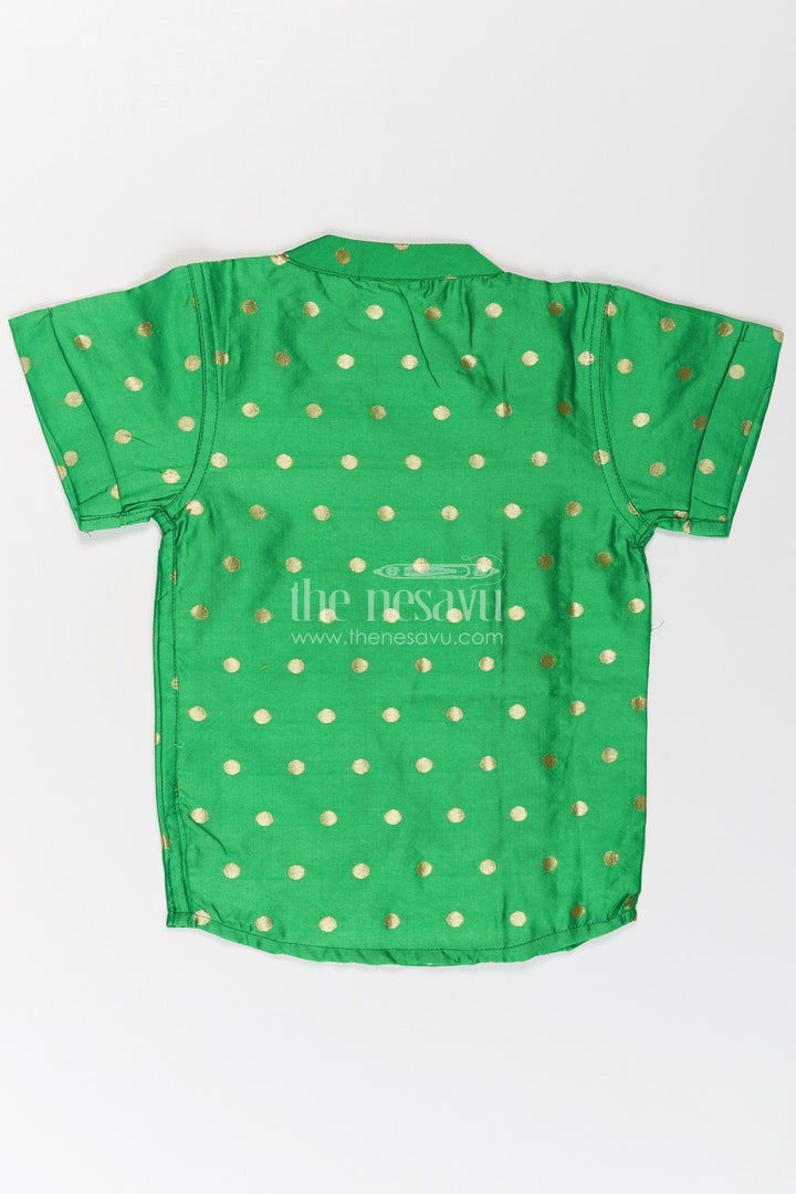 The Nesavu Boys Silk Shirt Boys Banaras Silk Shirt Dress with Gold Buttas and Side Embellishment in Festive Green Tone Nesavu Boys Banaras Silk Shirt Dress Golden Dot Pattern Decorative Trim Green | The Nesavu