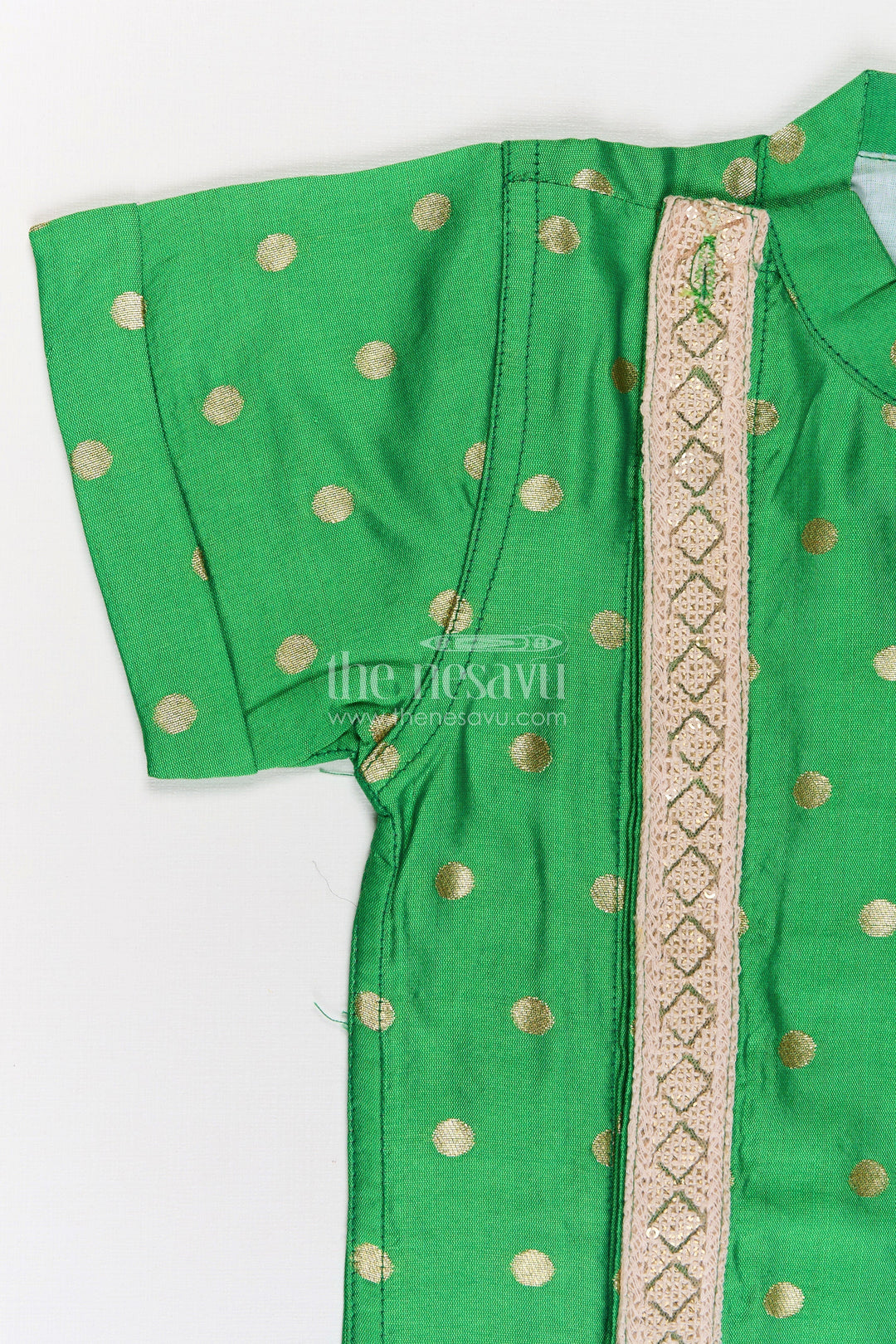 The Nesavu Boys Silk Shirt Boys Banaras Silk Shirt Dress with Gold Buttas and Side Embellishment in Festive Green Tone Nesavu Boys Banaras Silk Shirt Dress Golden Dot Pattern Decorative Trim Green | The Nesavu