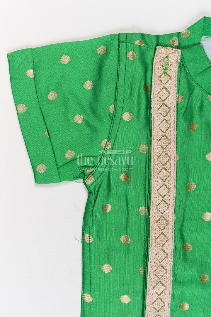 The Nesavu Boys Silk Shirt Boys Banaras Silk Shirt Dress with Gold Buttas and Side Embellishment in Festive Green Tone Nesavu Boys Banaras Silk Shirt Dress Golden Dot Pattern Decorative Trim Green | The Nesavu