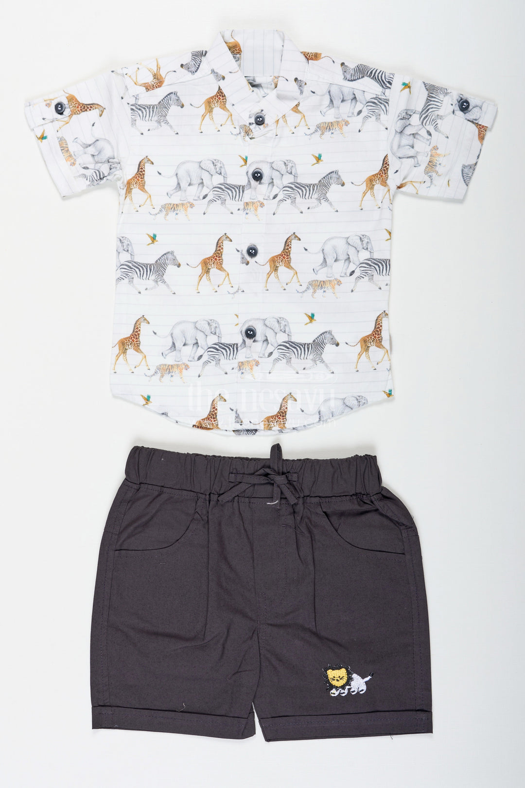 The Nesavu Boys Casual Set Boys Basic Casual Dresses Set with Animal Printed Shirt and Black Shorts for Everyday Adventures Nesavu 14 (6M) / White BCS250A-14 Boys Basic Casual Dresses Set Animal Printed Shirt Black Shorts Soft Cotton | The Nesavu