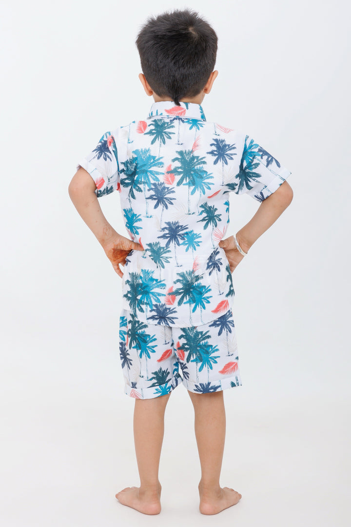 The Nesavu Boys Casual Set Boys Beach-Themed Palm Tree Print Casual Set in Blue and Pink with Graphic Shirt Nesavu Nesavu Boys Beach-Themed Casual Set Palm Tree Print Graphic Shirt Shorts Summer Outings