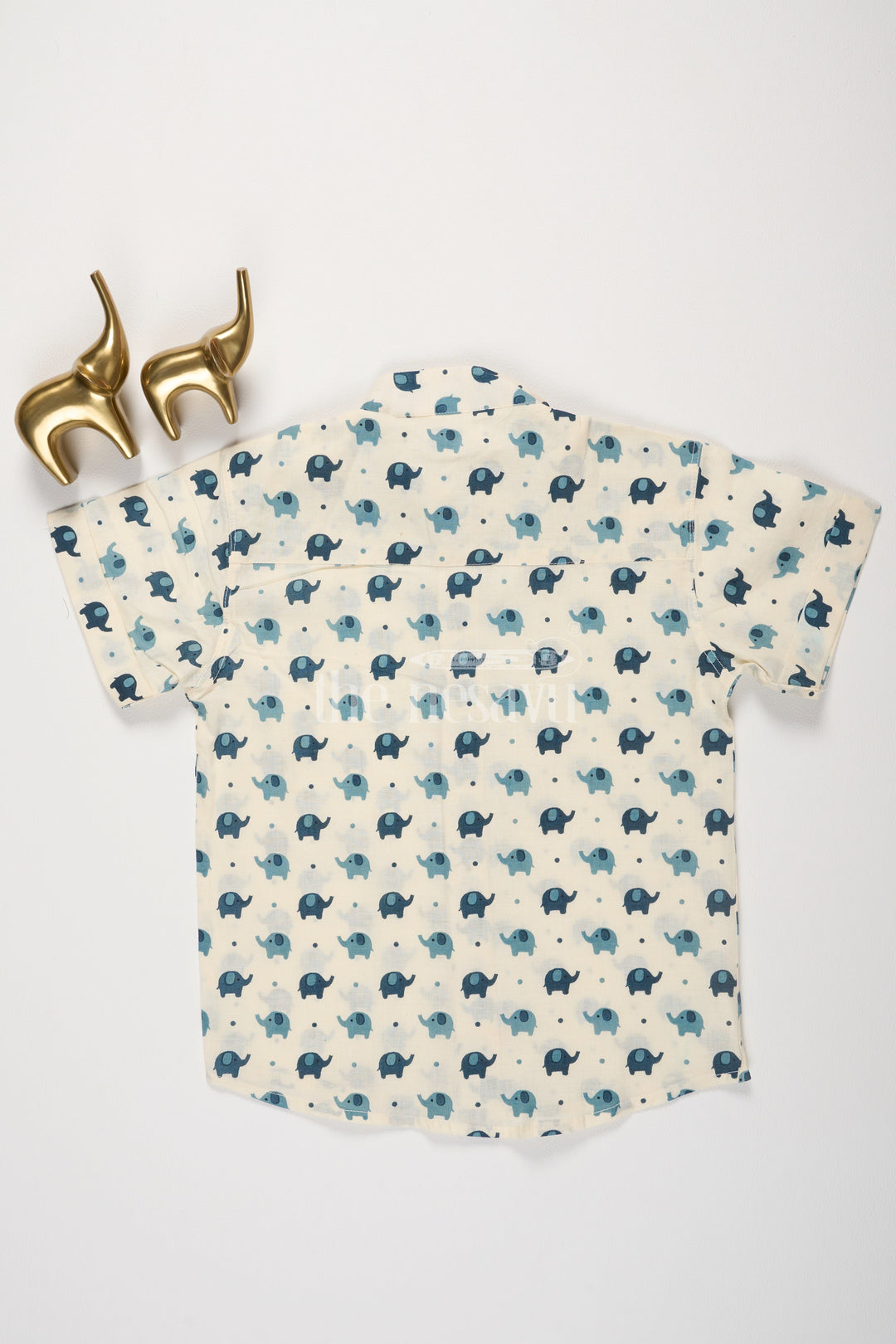 The Nesavu Boys Cotton Shirt Boys Beige Cotton Shirt with Playful Blue Elephant Print for Fun Casual Wear Nesavu Nesavu Boys Beige Cotton Shirt Blue Elephant Print Short Sleeves Everyday Fun