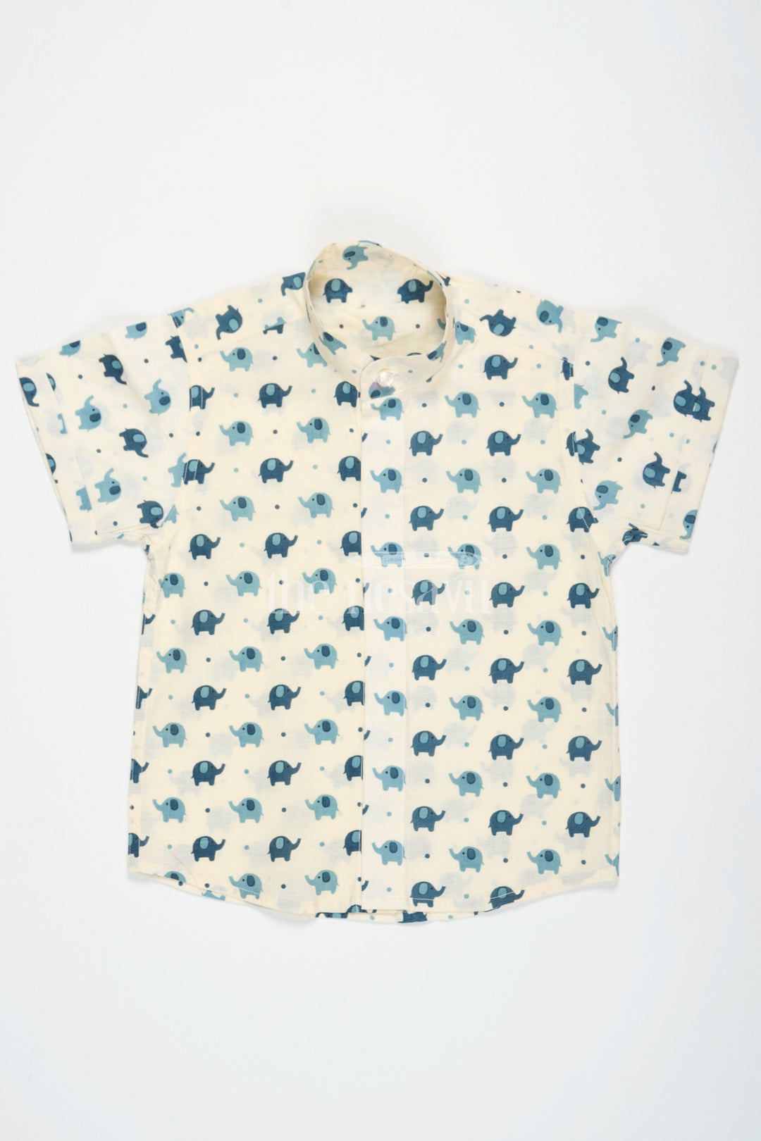 The Nesavu Boys Cotton Shirt Boys Beige Cotton Shirt with Playful Blue Elephant Print for Fun Casual Wear Nesavu Nesavu Boys Beige Cotton Shirt Blue Elephant Print Short Sleeves Everyday Fun