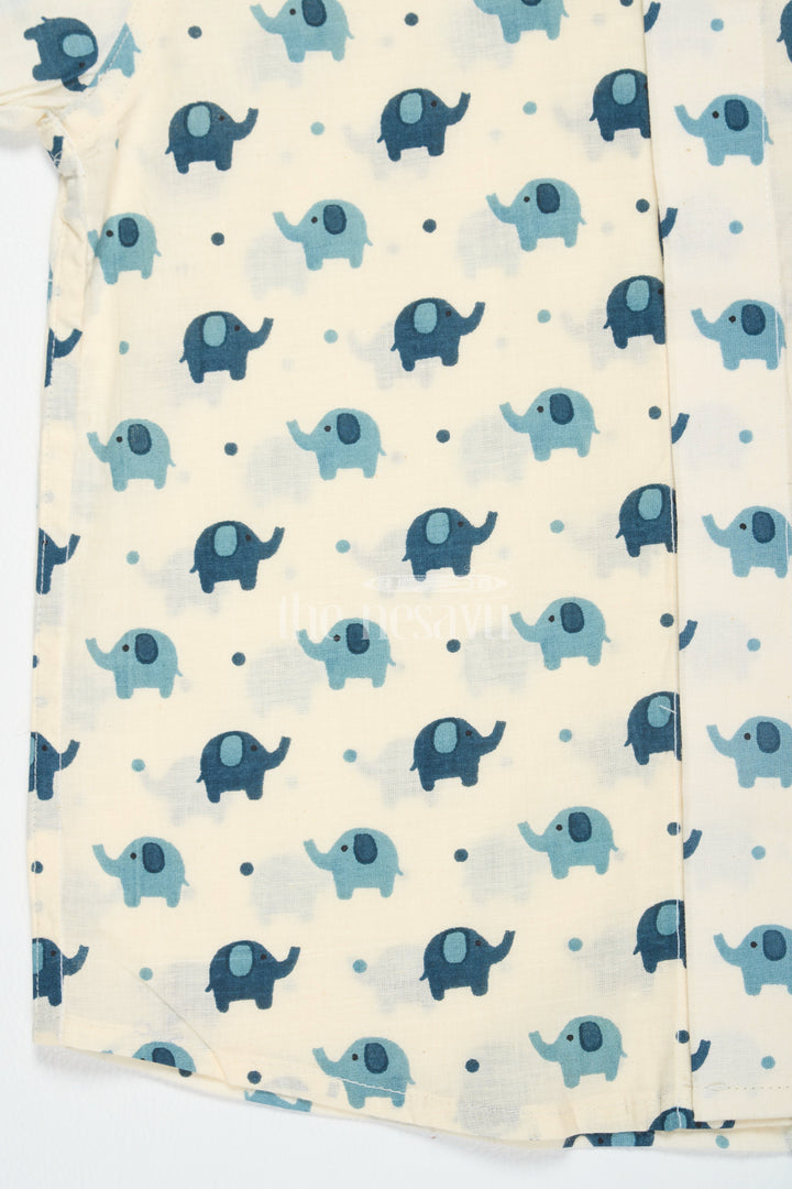 The Nesavu Boys Cotton Shirt Boys Beige Cotton Shirt with Playful Blue Elephant Print for Fun Casual Wear Nesavu Nesavu Boys Beige Cotton Shirt Blue Elephant Print Short Sleeves Everyday Fun