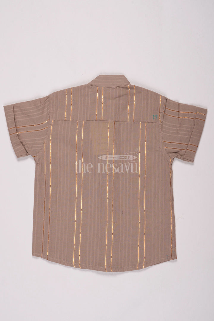 The Nesavu Boys Cotton Shirt Boys Beige Cotton Shirt with Subtle Golden Stripes for Christmas Celebrations Nesavu Nesavu Boys Beige Cotton Christmas Shirt Golden Stripes Holiday Celebrations