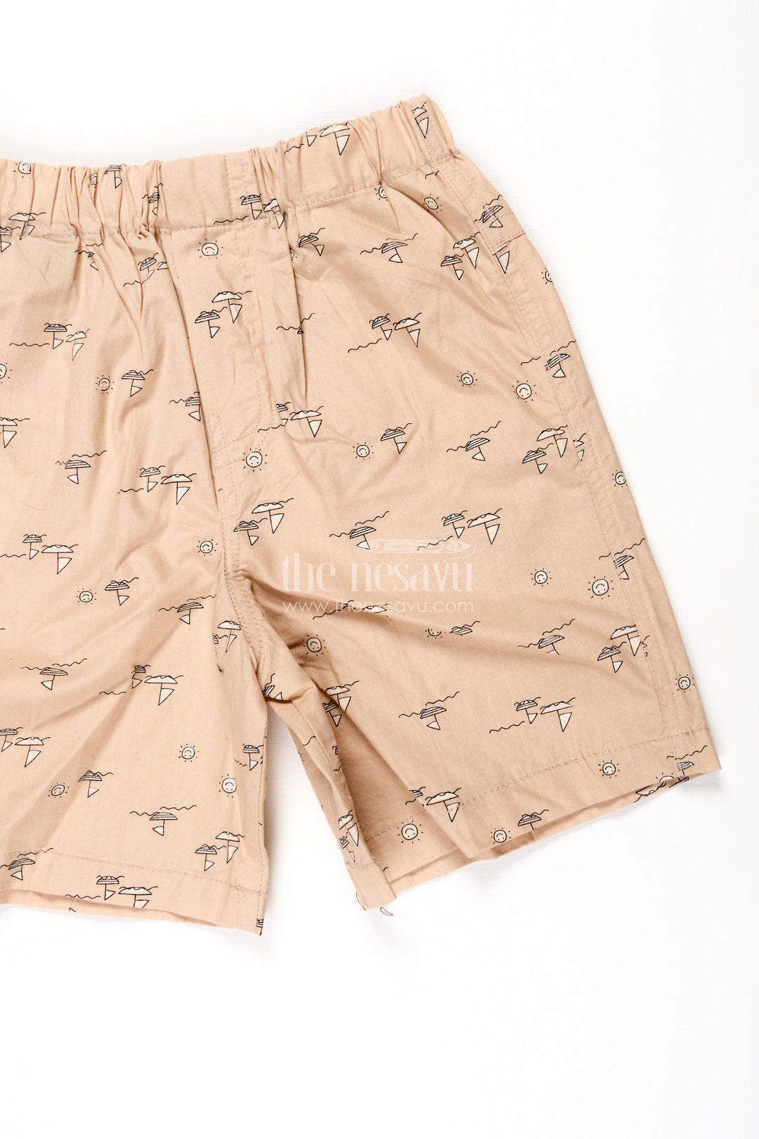The Nesavu Boys Shorts Boys Beige Cotton Small Shorts with Beach and Sun Digital Print and Comfy Fit for Everyday Wear Nesavu Nesavu Boys Beige Cotton Small Shorts Beach Print Lightweight Comfort Casual Outfits