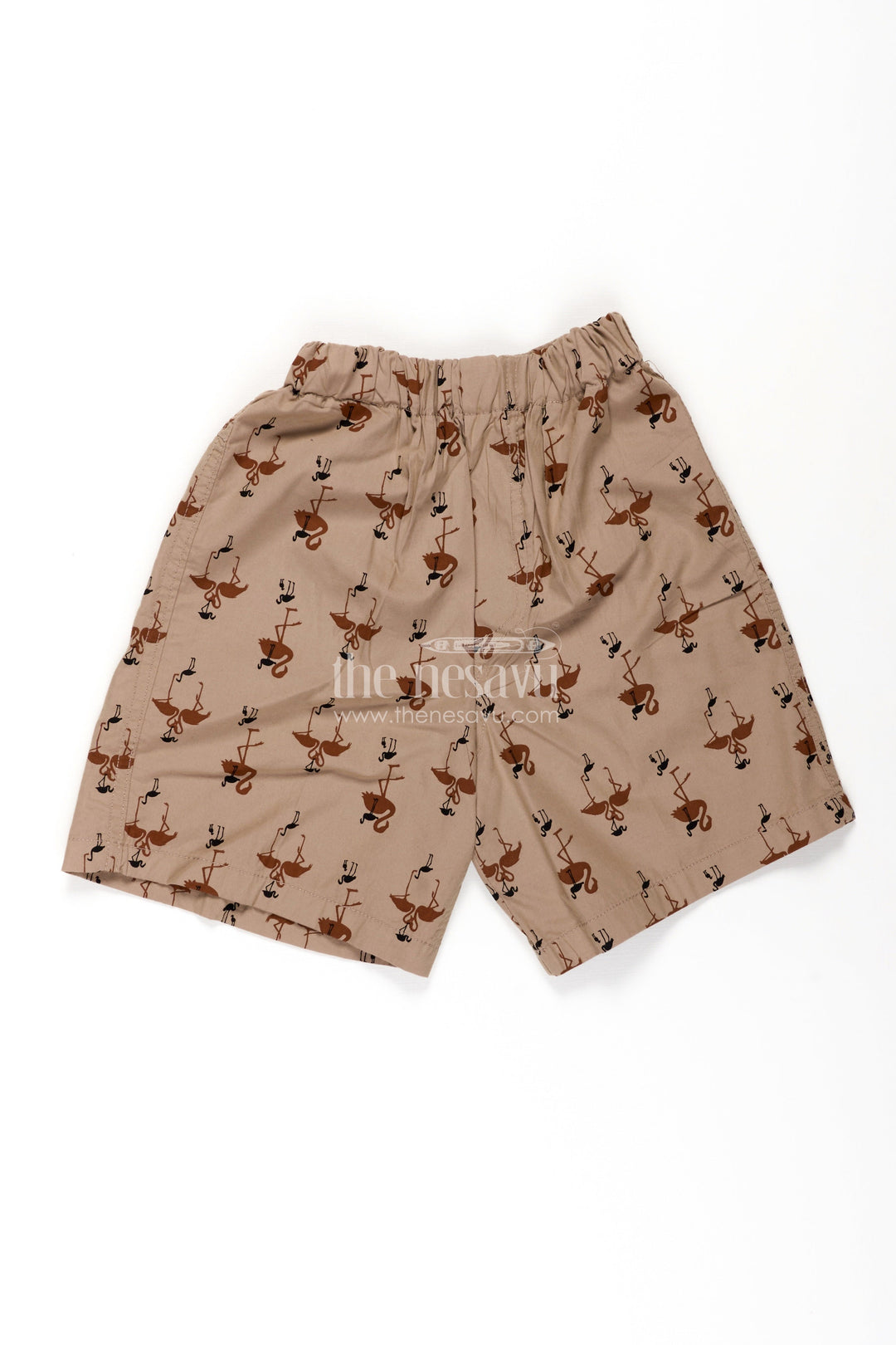 The Nesavu Boys Shorts Boys Beige Cotton Twill Shorts with Flamingo Digital Print and Soft Elastic Waist for Summer Comfort Nesavu 18 (2Y) / Brown BWS046A-18 Nesavu Boys Beige Cotton Twill Shorts Flamingo Print Comfortable Lightweight Fit