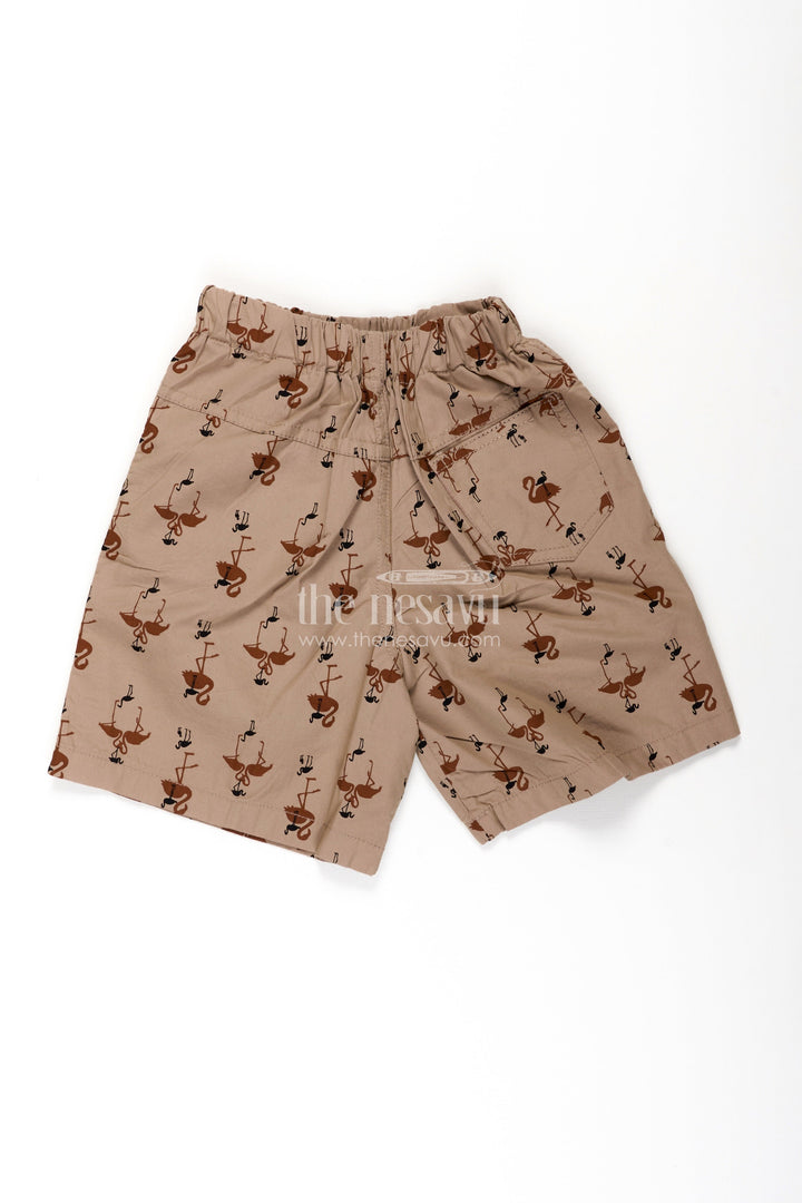 The Nesavu Boys Shorts Boys Beige Cotton Twill Shorts with Flamingo Digital Print and Soft Elastic Waist for Summer Comfort Nesavu Nesavu Boys Beige Cotton Twill Shorts Flamingo Print Comfortable Lightweight Fit