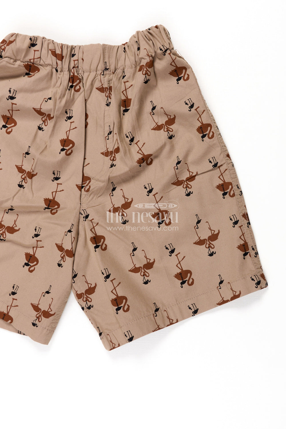 The Nesavu Boys Shorts Boys Beige Cotton Twill Shorts with Flamingo Digital Print and Soft Elastic Waist for Summer Comfort Nesavu Nesavu Boys Beige Cotton Twill Shorts Flamingo Print Comfortable Lightweight Fit
