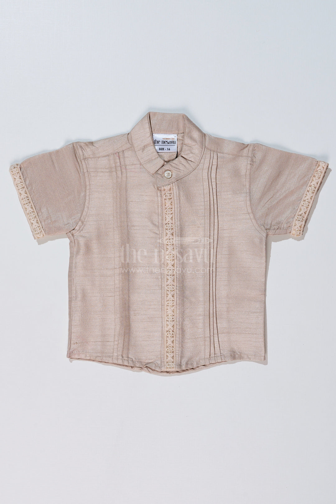 The Nesavu Boys Silk Shirt Boys Beige Half Shirt in Silk Blend with Embroidered Borders for Festive and Traditional Wear Nesavu 16 (1Y) / Beige BS233A-16 Boys Beige Silk Half Shirt Embroidered Borders Traditional Festive Wear | The Nesavu