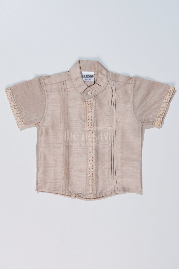 The Nesavu Boys Silk Shirt Boys Beige Half Shirt in Silk Blend with Embroidered Borders for Festive and Traditional Wear Nesavu 16 (1Y) / Beige BS233A-16 Boys Beige Silk Half Shirt Embroidered Borders Traditional Festive Wear | The Nesavu