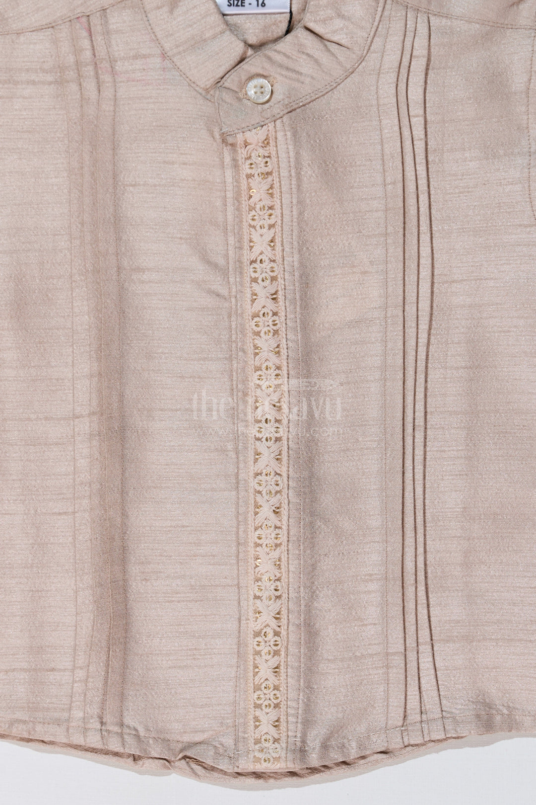 The Nesavu Boys Silk Shirt Boys Beige Half Shirt in Silk Blend with Embroidered Borders for Festive and Traditional Wear Nesavu Boys Beige Silk Half Shirt Embroidered Borders Traditional Festive Wear | The Nesavu