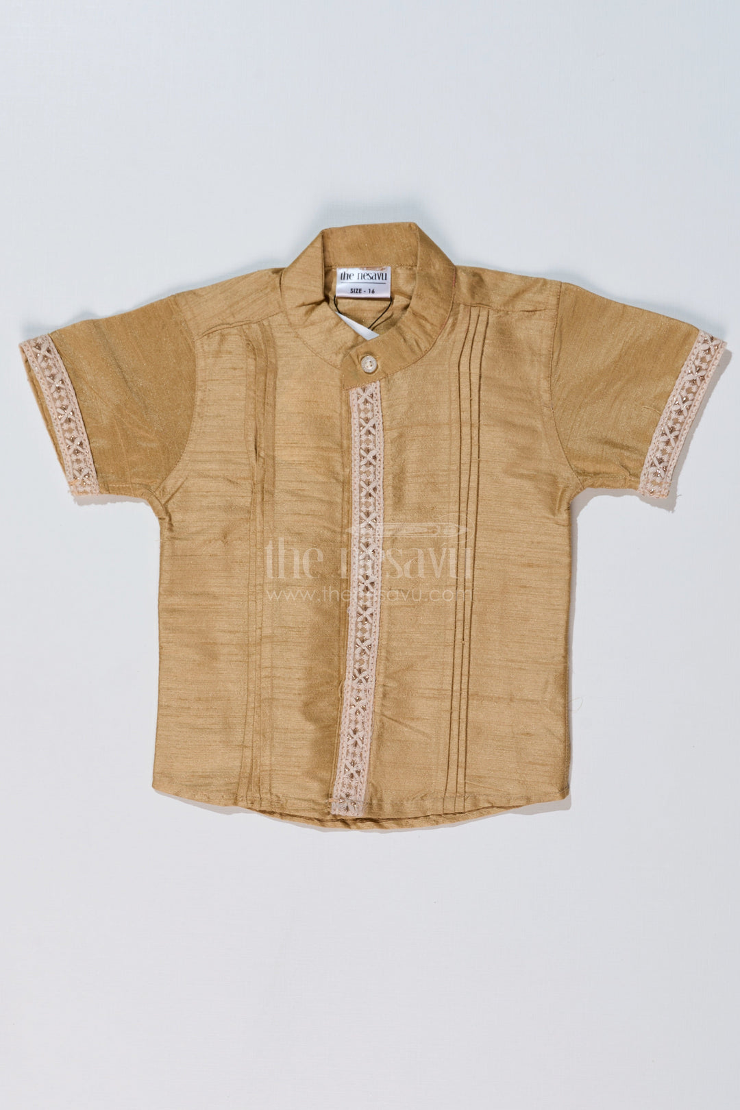The Nesavu Boys Silk Shirt Boys Beige Silk Shirt with Elegant Embroidery and Short Sleeves for Festive and Traditional Wear Nesavu 16 (1Y) / Beige BS226A-16 Boys Beige Silk Shirt Elegant Embroidery Short Sleeves Traditional Festive Wear | The Nesavu