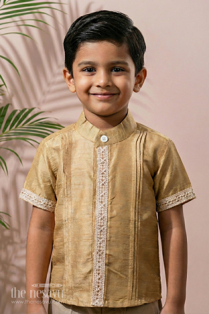 The Nesavu Boys Silk Shirt Boys Beige Silk Shirt with Elegant Embroidery and Short Sleeves for Festive and Traditional Wear Nesavu 16 (1Y) / Beige BS226A-16 Boys Beige Silk Shirt Elegant Embroidery Short Sleeves Traditional Festive Wear | The Nesavu