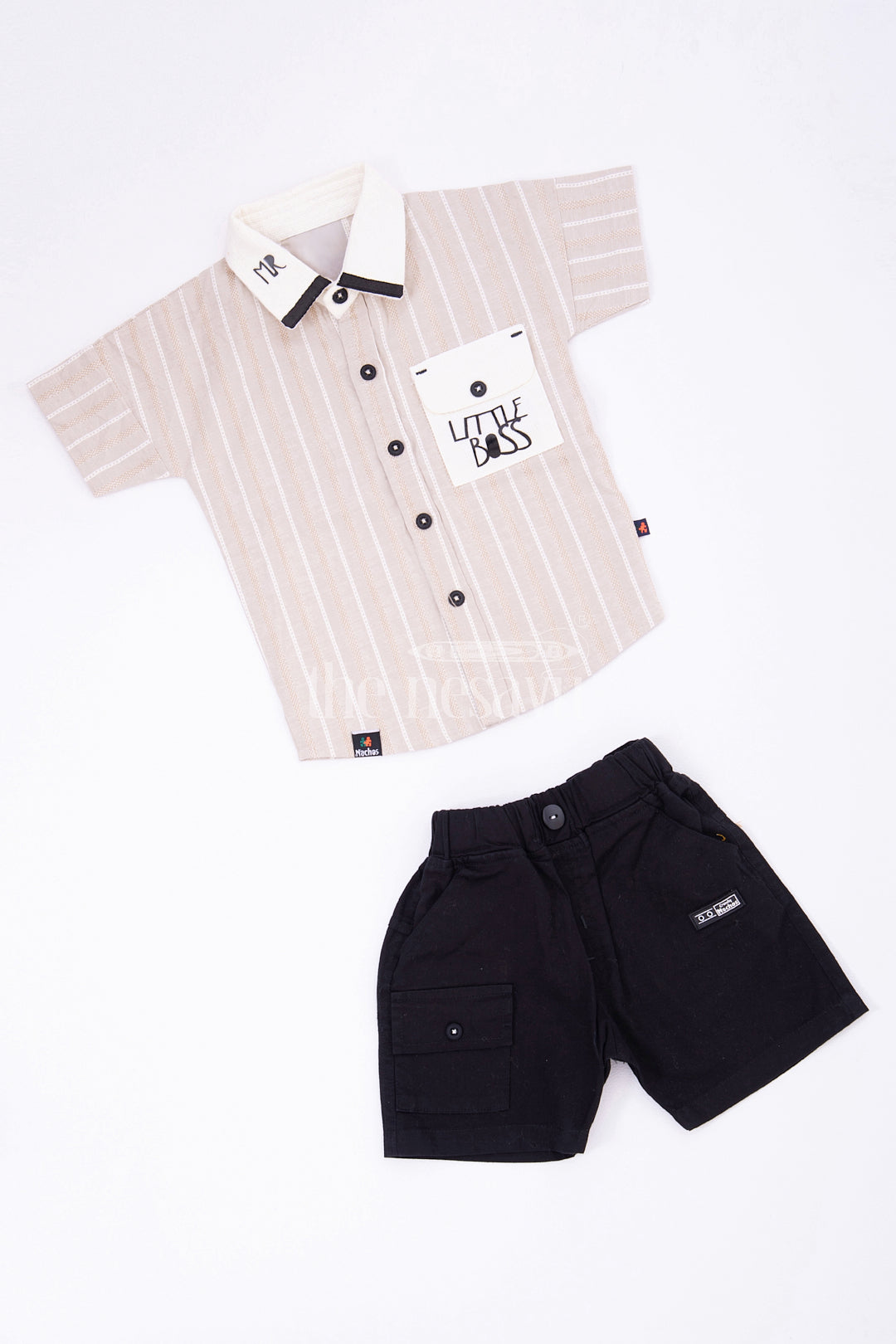 The Nesavu Boys Casual Set Boys Beige Striped Half Sleeve Shirt and Black Shorts Set Nesavu The Nesavu Boys Beige Striped Shirt and Black Shorts Set