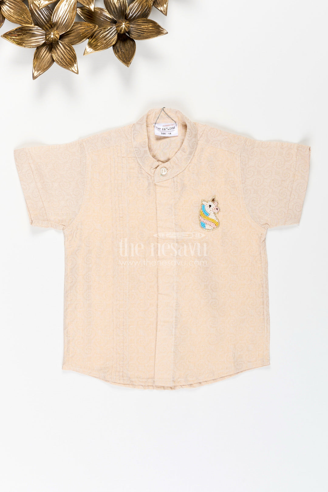 The Nesavu Boys Cotton Shirt Boys Beige Tissue Short Kurta Shirt Nesavu 30 (8Y) / Beige BS298A-30 Nesavu Boys Beige Tissue Shirt Collar Ideal Weddings Family Functions