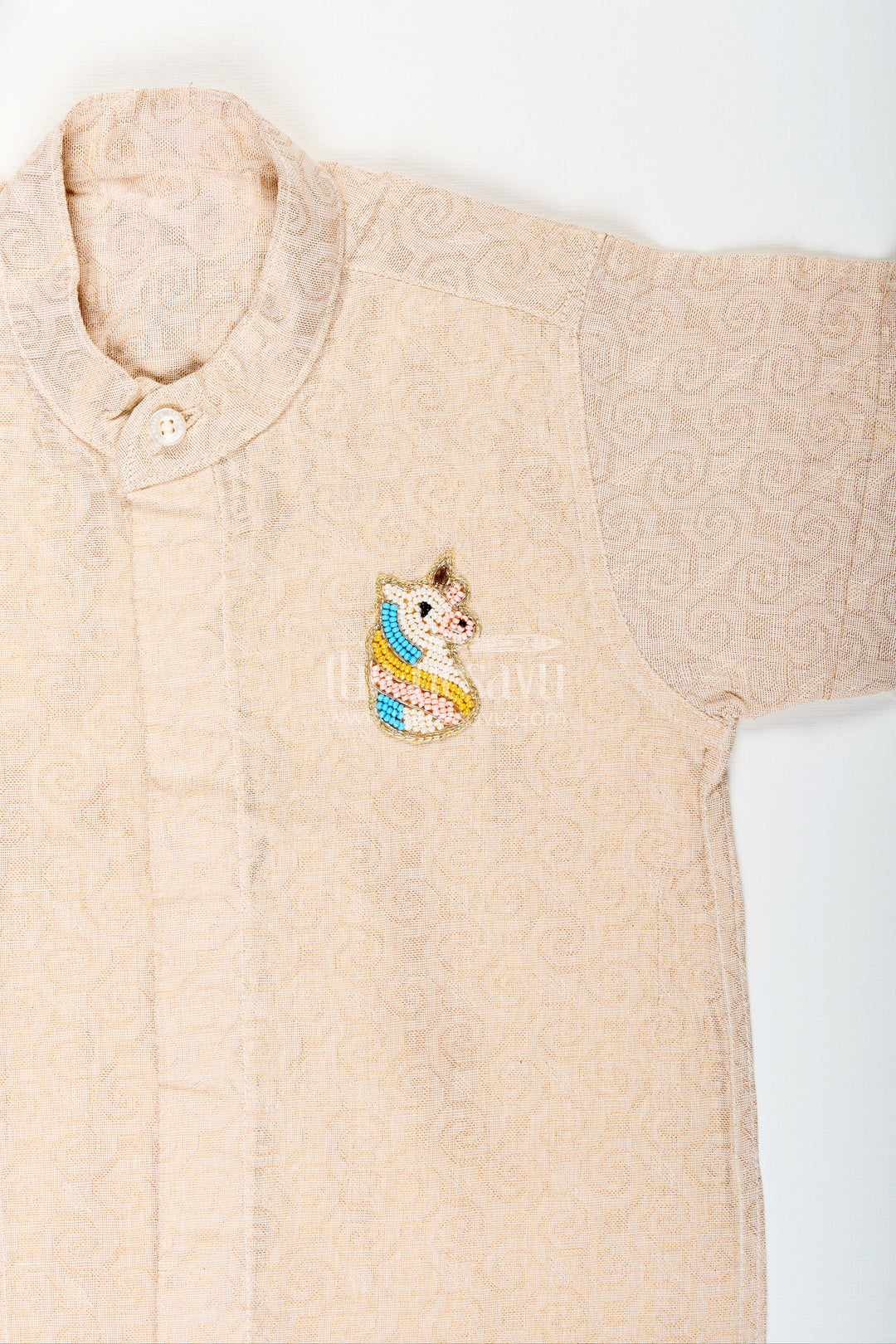 The Nesavu Boys Cotton Shirt Boys Beige Tissue Short Kurta Shirt Nesavu Nesavu Boys Beige Tissue Shirt Collar Ideal Weddings Family Functions