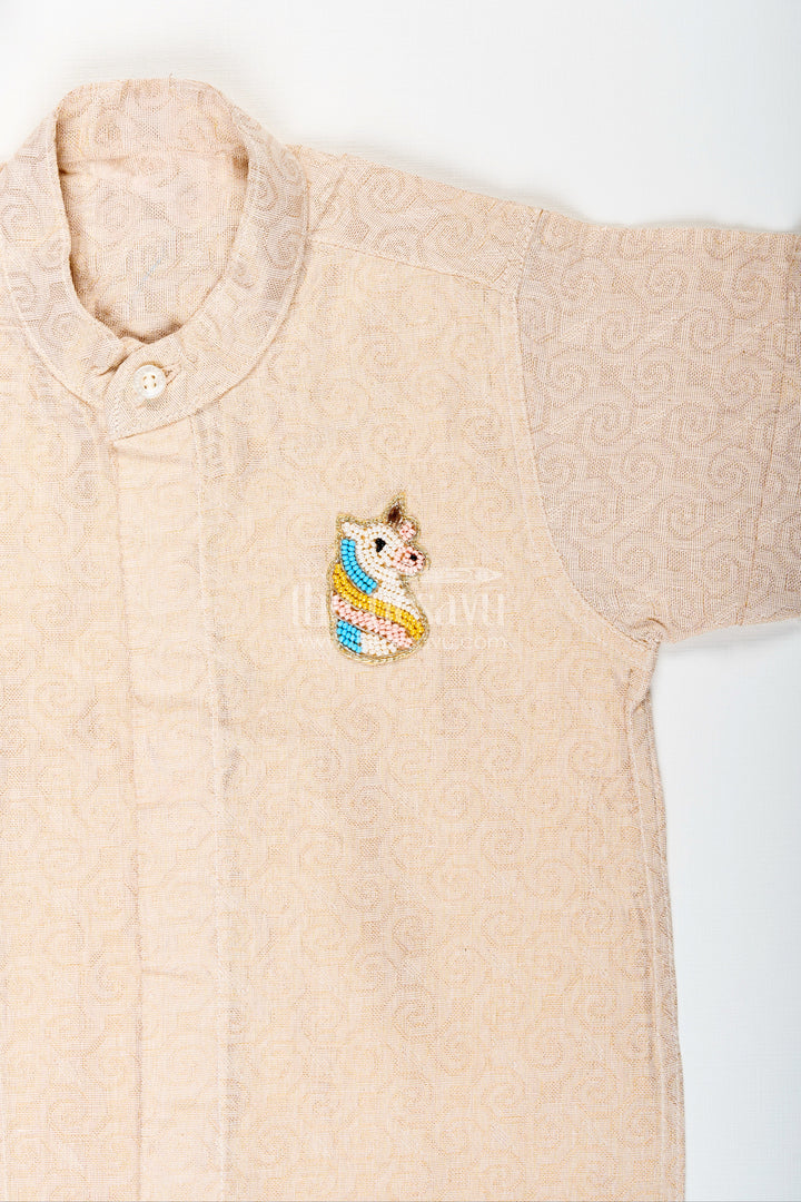 The Nesavu Boys Cotton Shirt Boys Beige Tissue Short Kurta Shirt Nesavu Nesavu Boys Beige Tissue Shirt Collar Ideal Weddings Family Functions