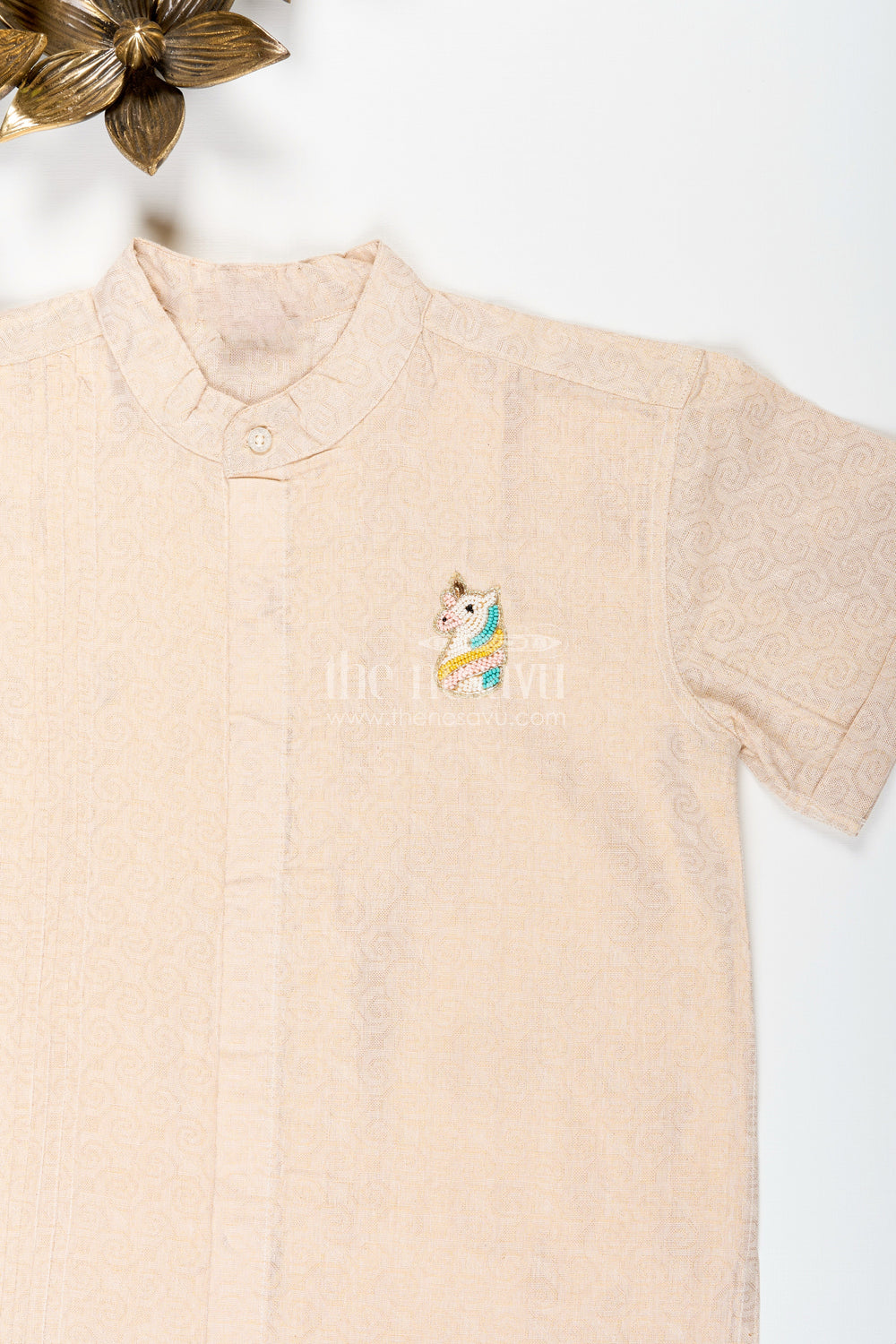 The Nesavu Boys Cotton Shirt Boys Beige Tissue Short Kurta Shirt Nesavu Nesavu Boys Beige Tissue Shirt Collar Ideal Weddings Family Functions