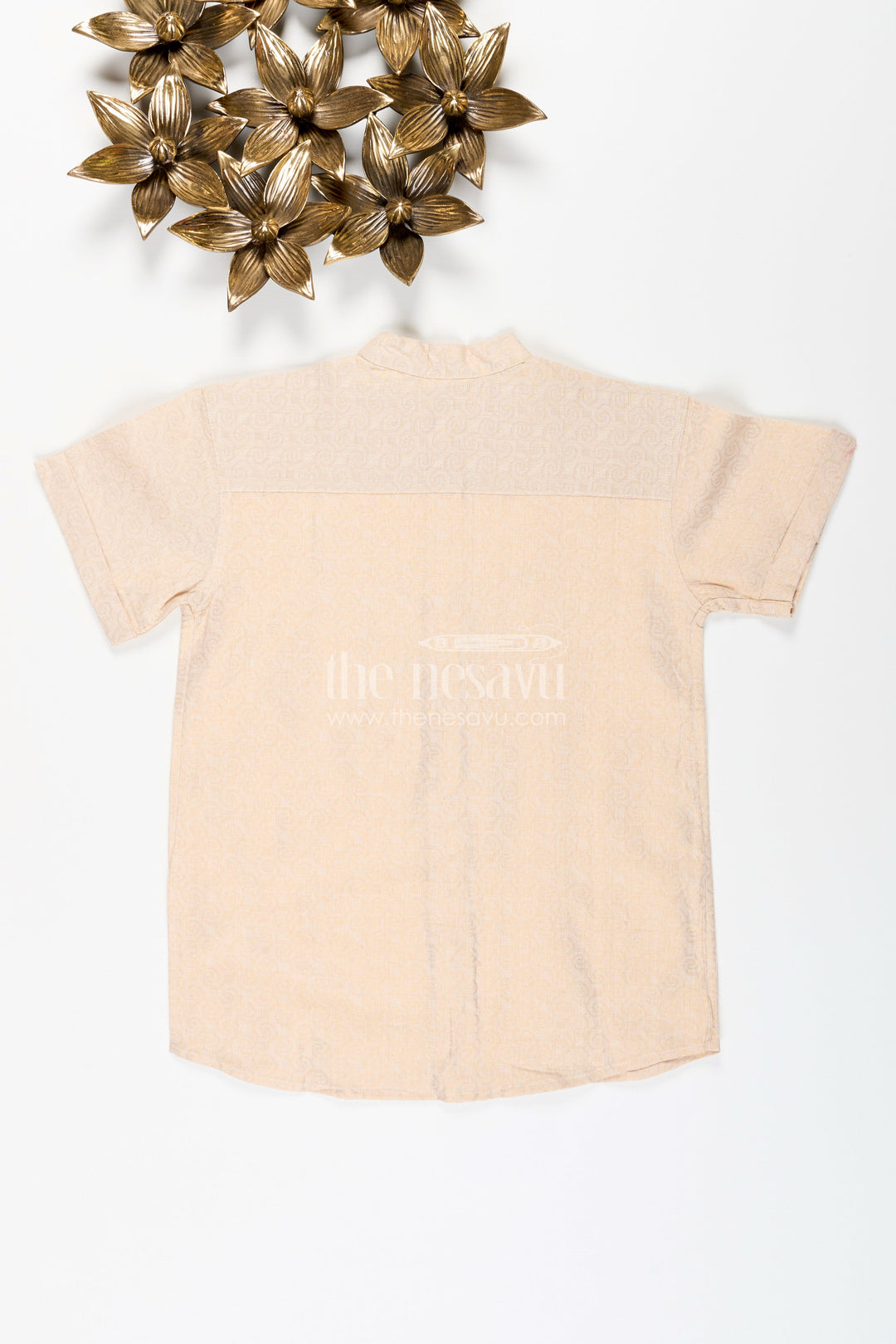 The Nesavu Boys Cotton Shirt Boys Beige Tissue Short Kurta Shirt Nesavu Nesavu Boys Beige Tissue Shirt Collar Ideal Weddings Family Functions