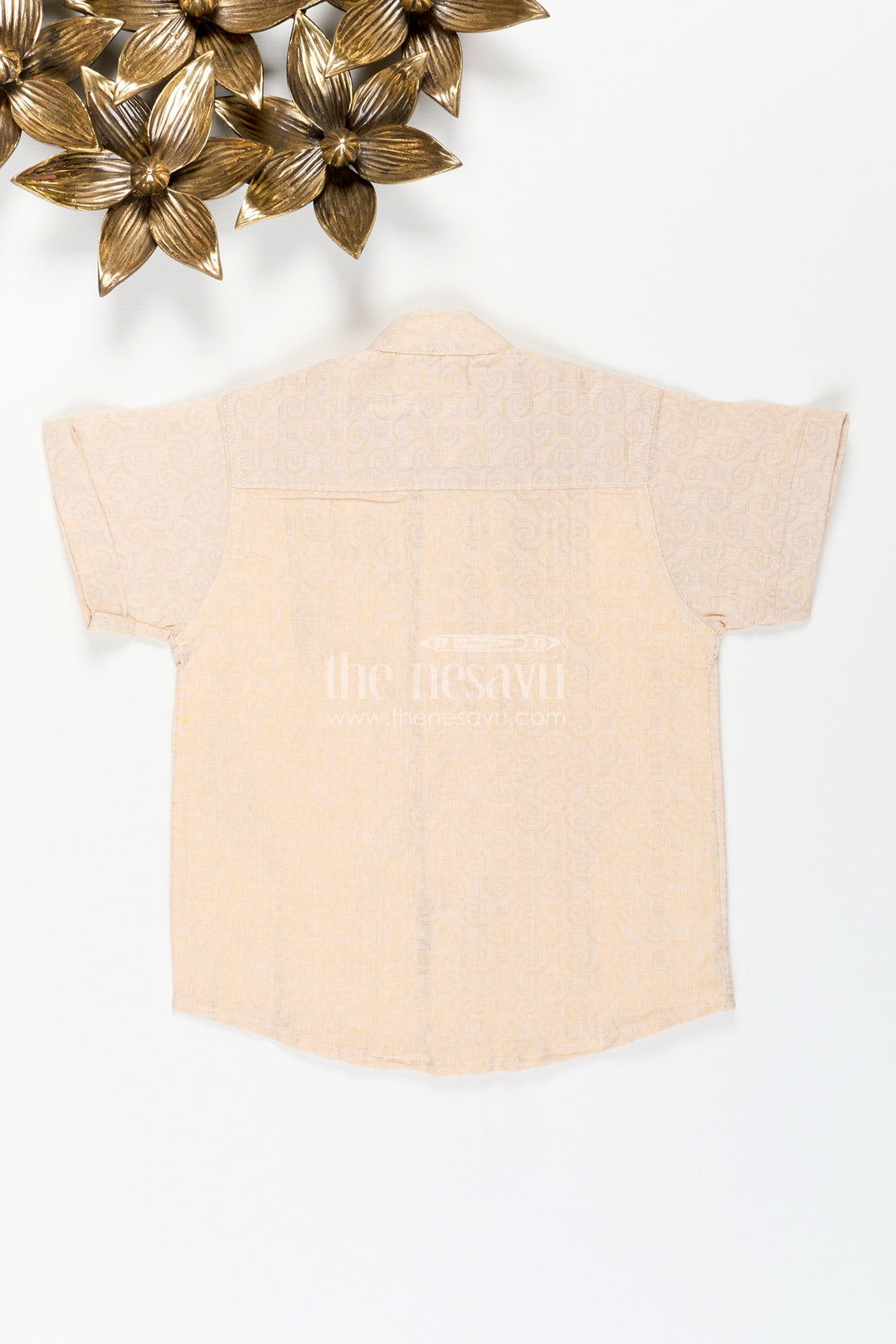The Nesavu Boys Cotton Shirt Boys Beige Tissue Short Kurta Shirt Nesavu Nesavu Boys Beige Tissue Shirt Collar Ideal Weddings Family Functions