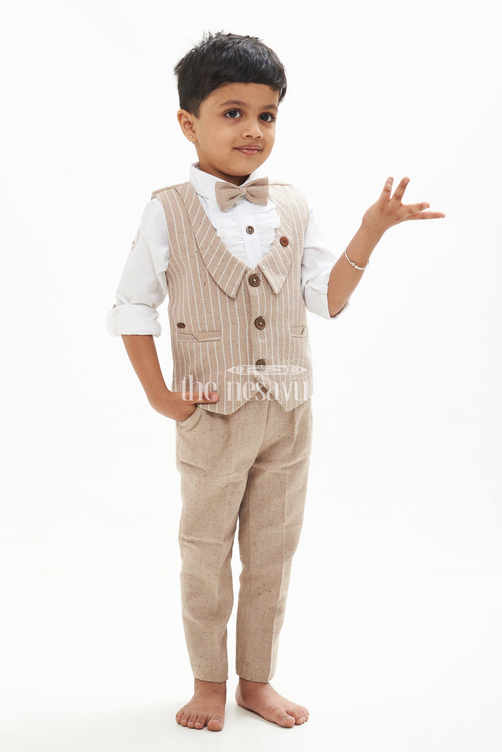 The Nesavu Boys Casual Set Boys Beige Waistcoat Co Ord Set with Striped Design Nesavu 16 (1Y) / Beige BCS065A-16 Boys Beige Waistcoat Co Ord Set with Striped Design - Special Occasion Outfit